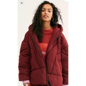 Free People Burgundy Hooded Puffer Jacket